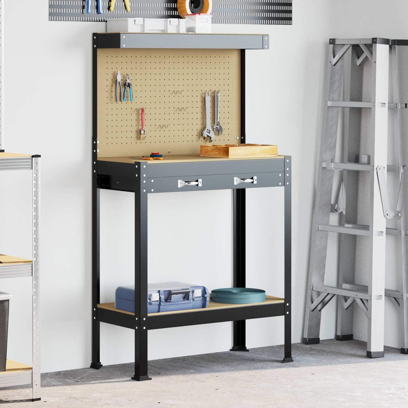 Werkbank mit Lochwand und Schublade