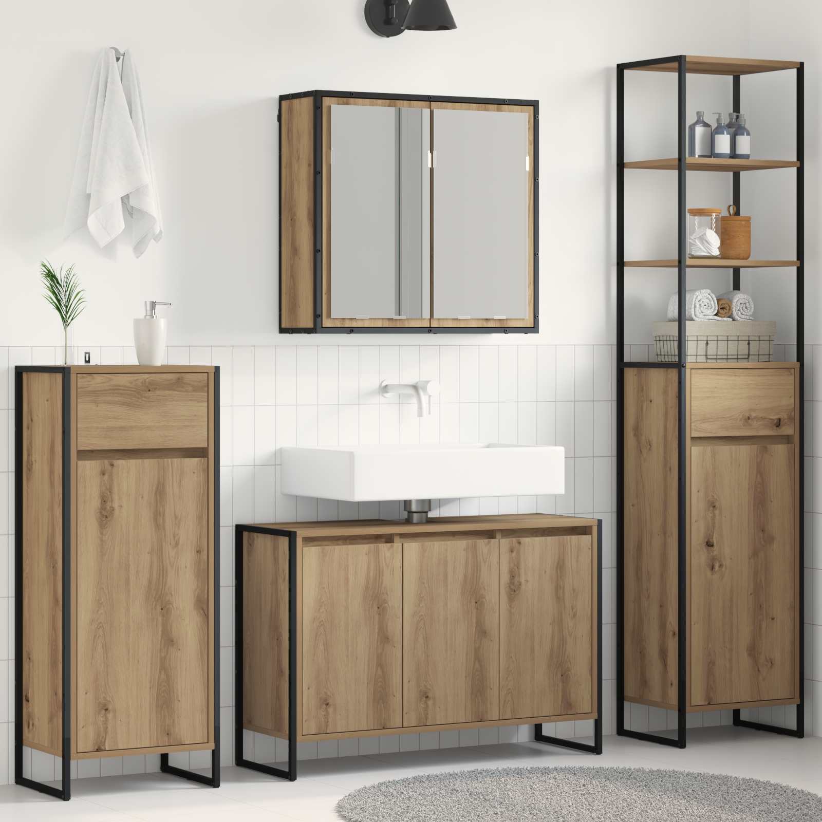 Badezimmermöbel-Set mit Tür Schwarz Eichen-Optik Holzwerkstoff
