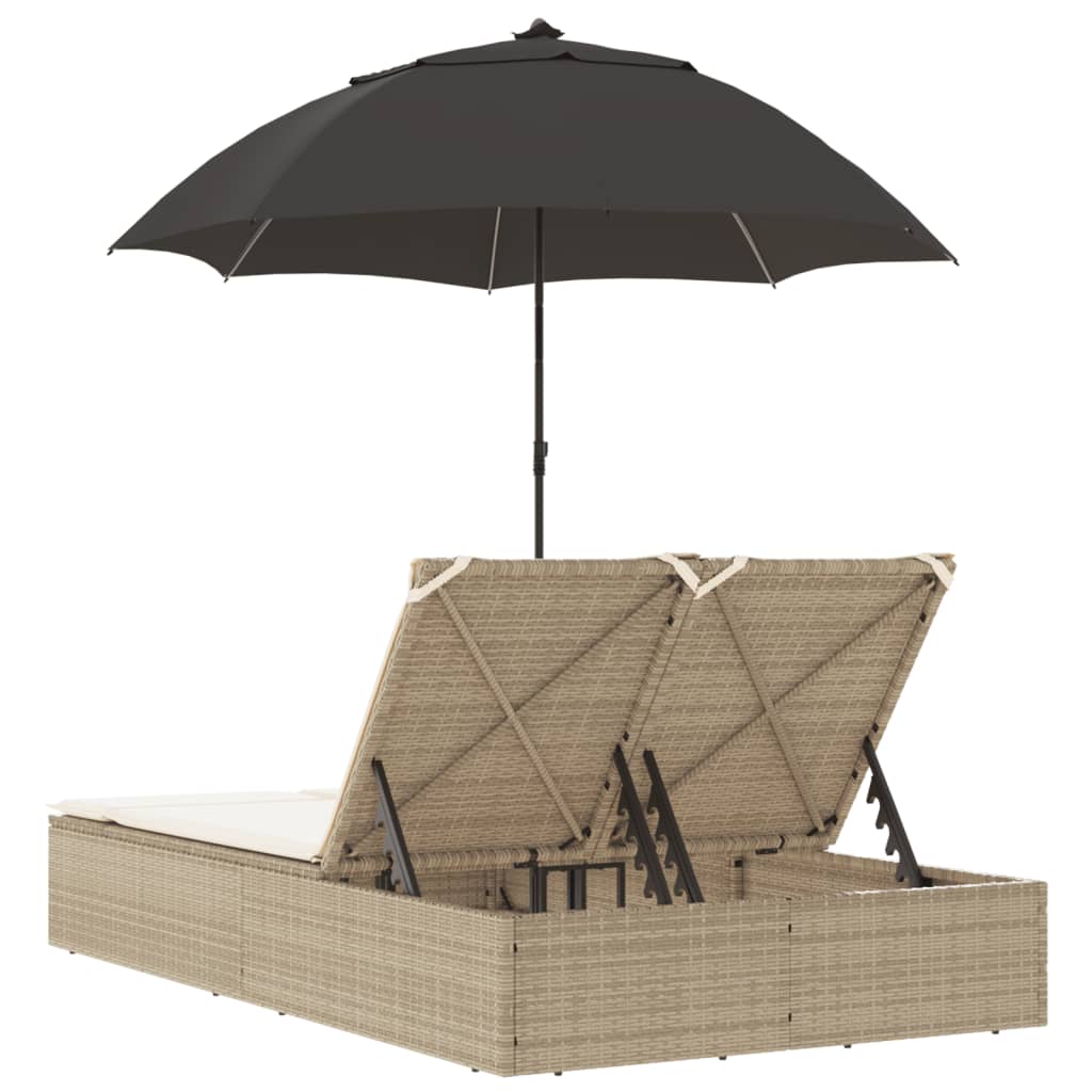 Doppel-Sonnenliege mit Kissen&Sonnenschirm Schwarz Poly Rattan