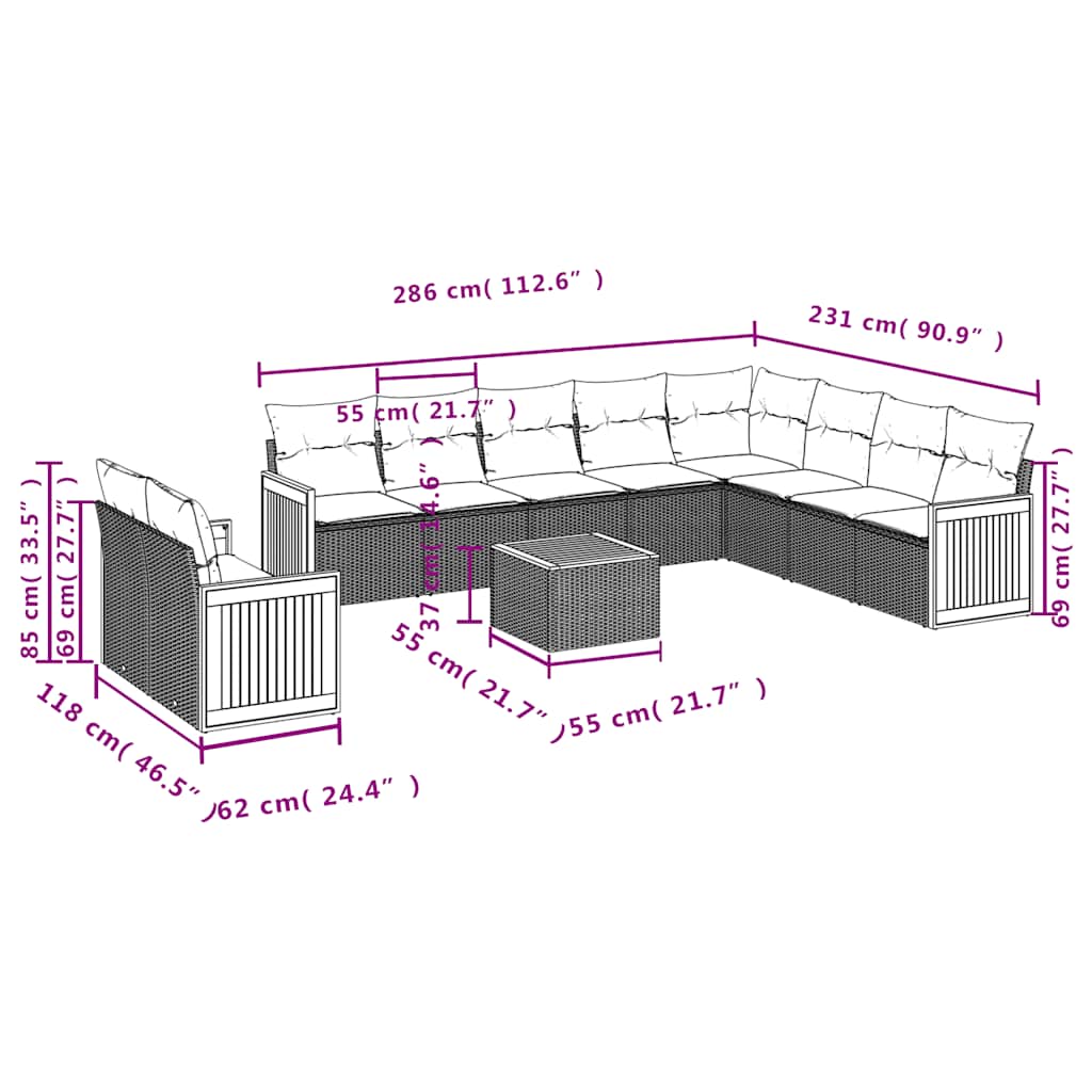 10-teiliges Gartensofa-Set mit Kissen, schwarzes Polyrattan