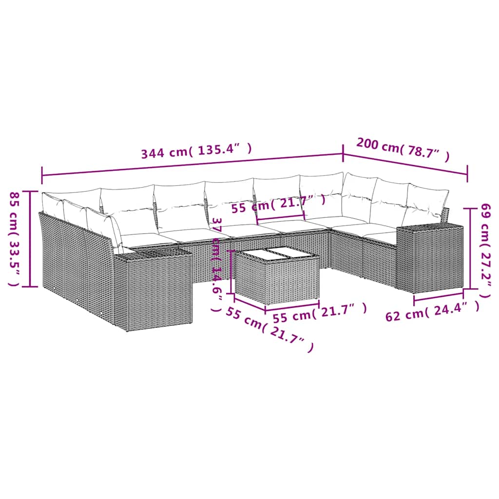 10-tlg. Garten-Sofagarnitur mit Kissen Schwarz Poly Rattan