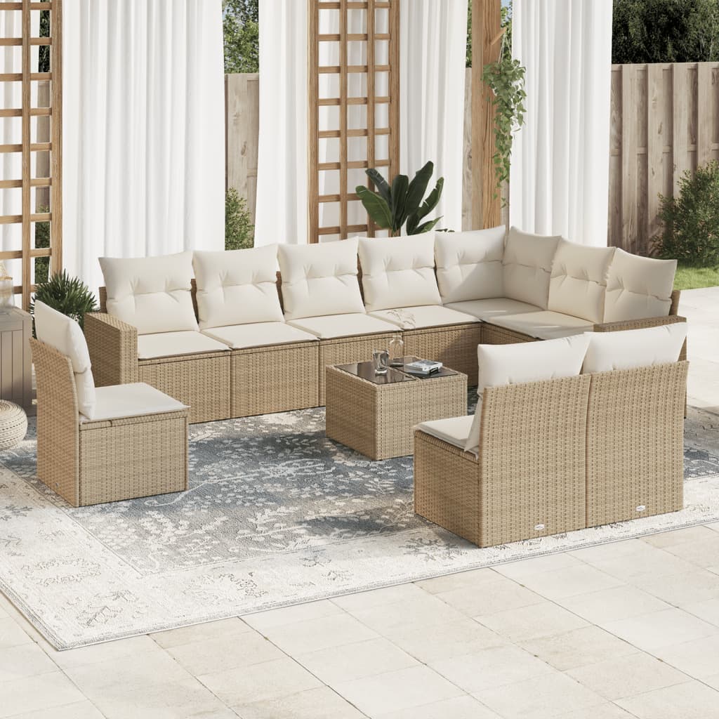 10-tlg. Garten-Sofagarnitur mit Kissen Schwarz Poly Rattan