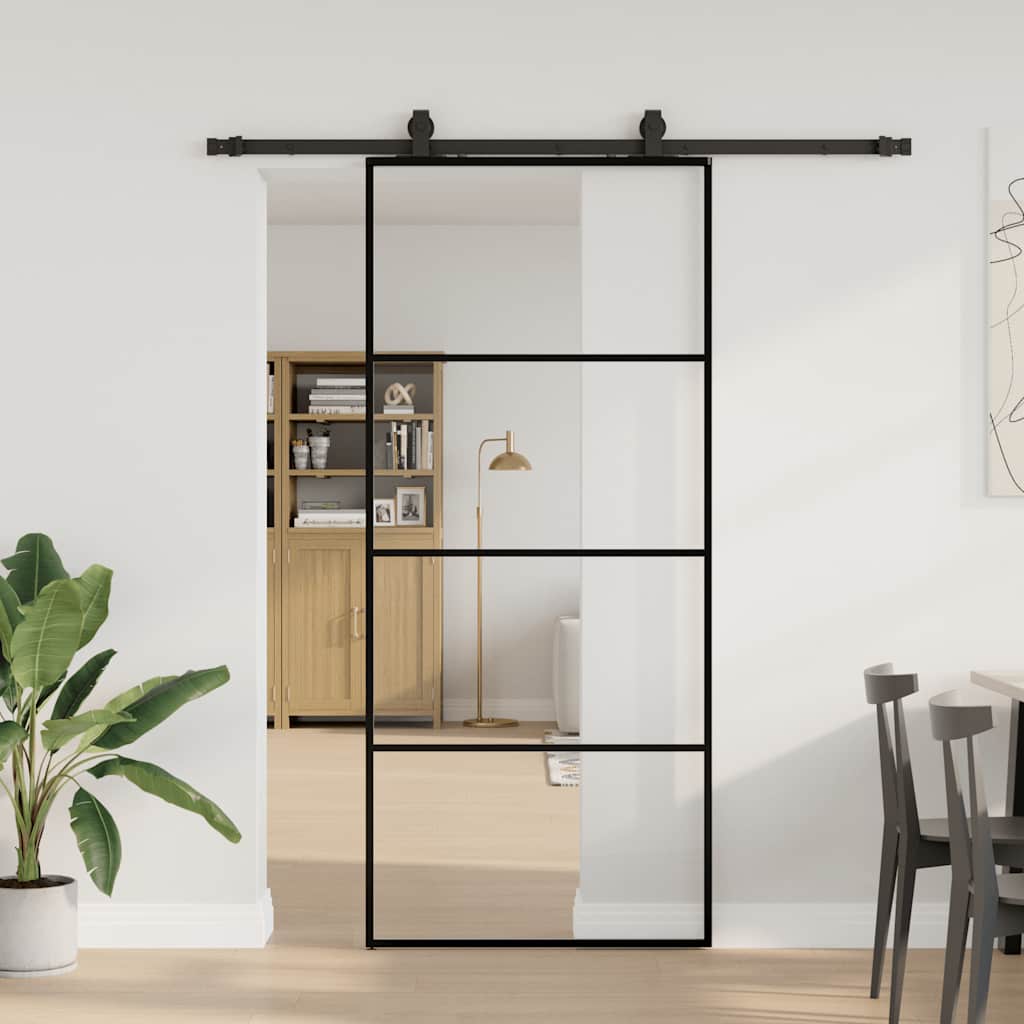 Schiebetür mit Beschlag Schwarz 76x205 cm ESG-Glas
