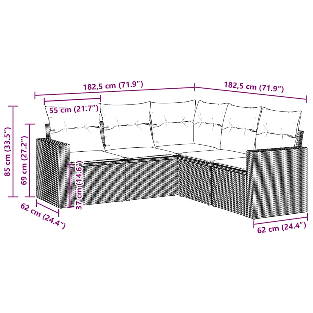 5-tlg. Garten-Sofagarnitur mit Kissen Schwarz Poly Rattan