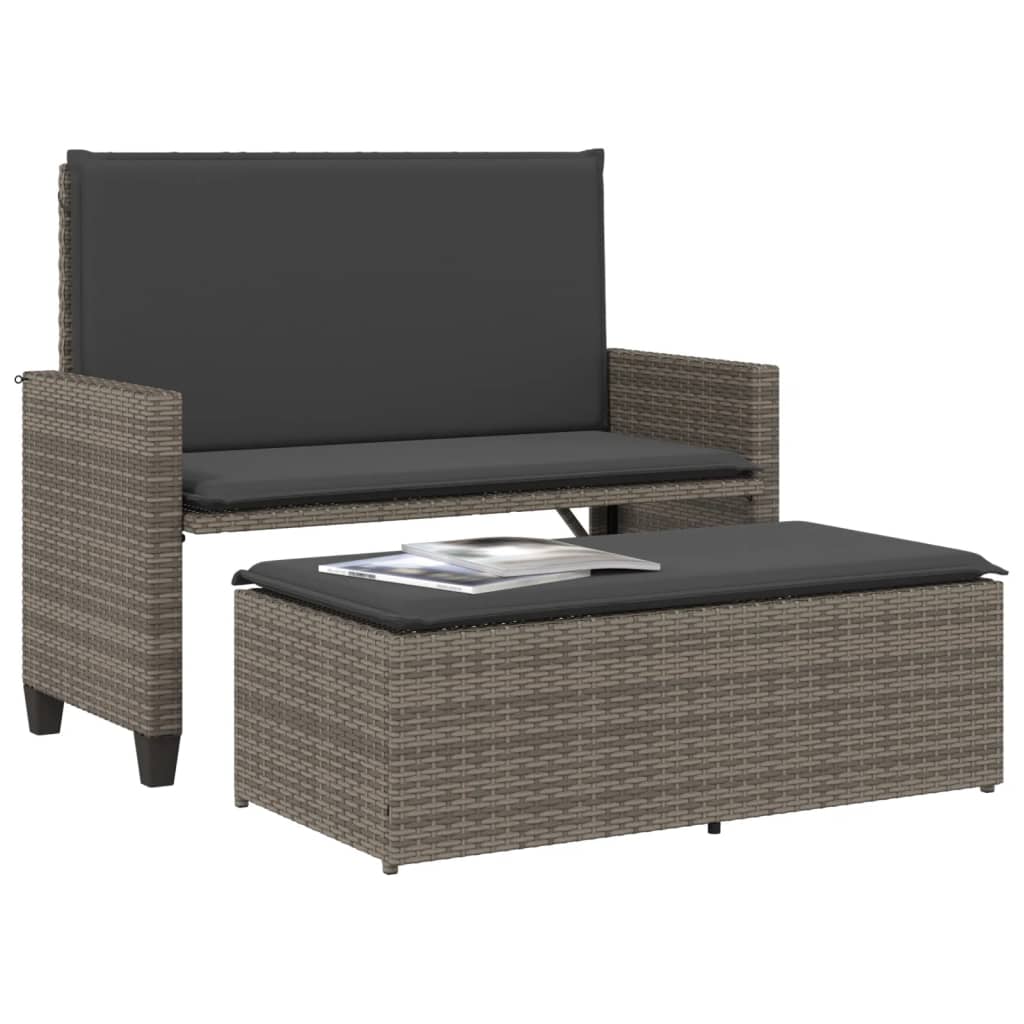 Gartenbank mit Kissen und Hocker Schwarz Poly Rattan