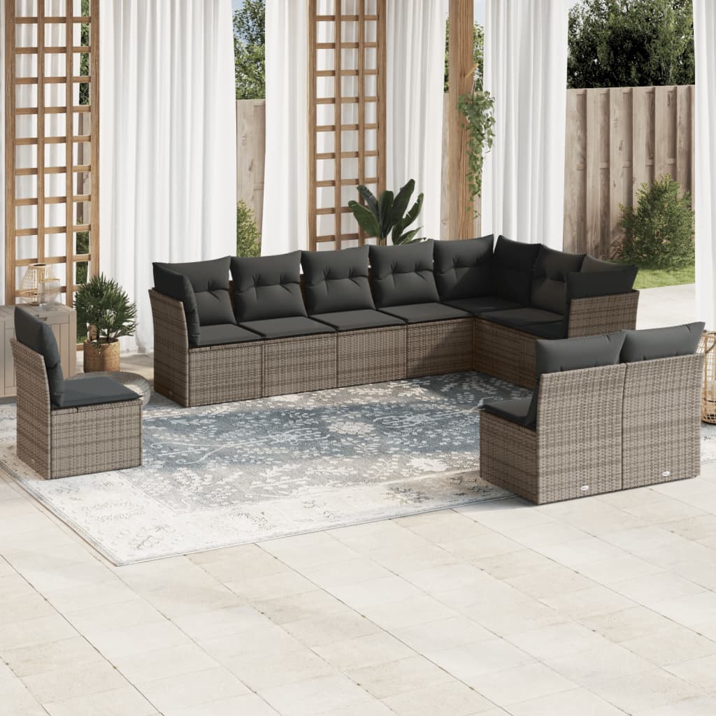 10-tlg. Garten-Sofagarnitur mit Kissen Schwarz Poly Rattan