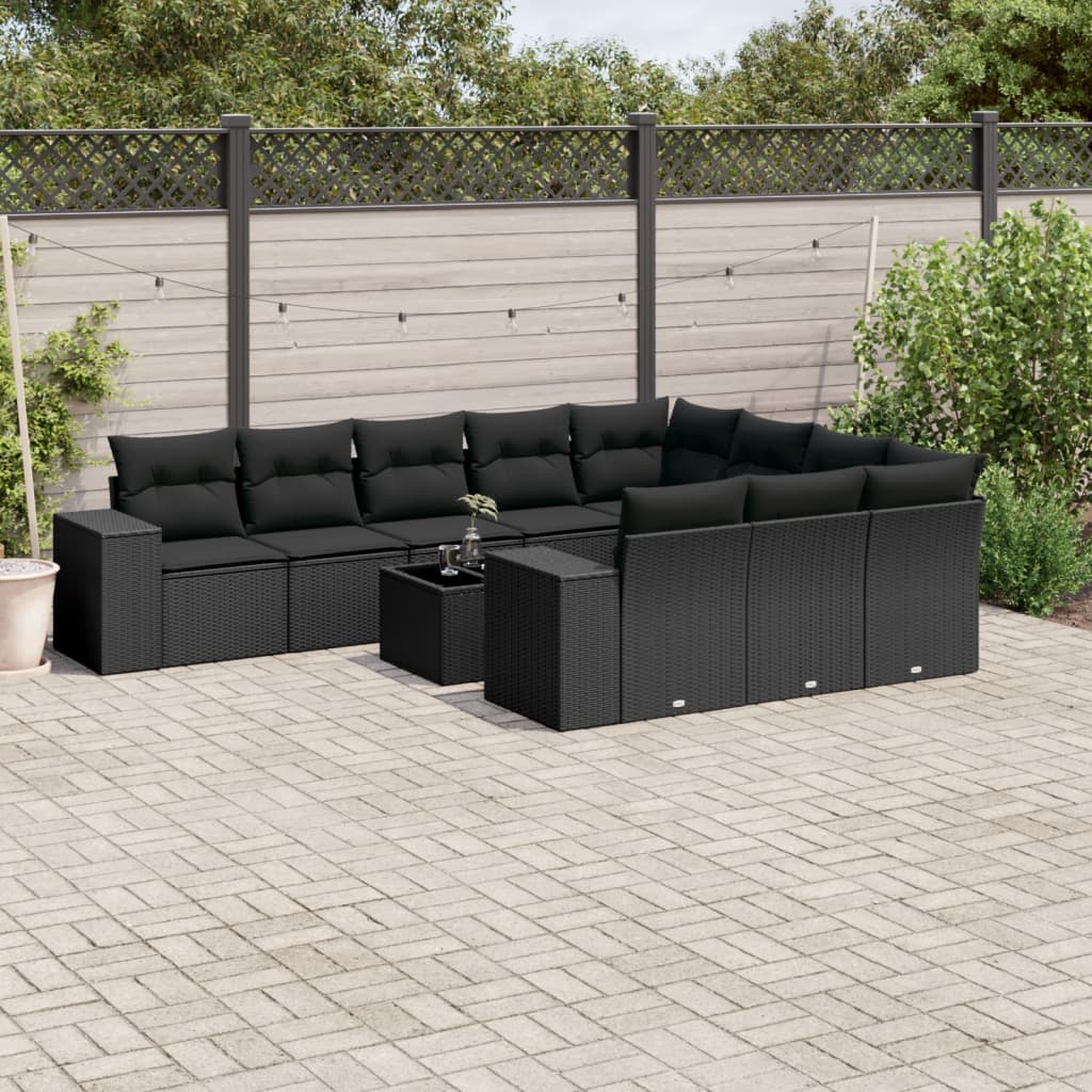 10-tlg. Garten-Sofagarnitur mit Kissen Schwarz Poly Rattan