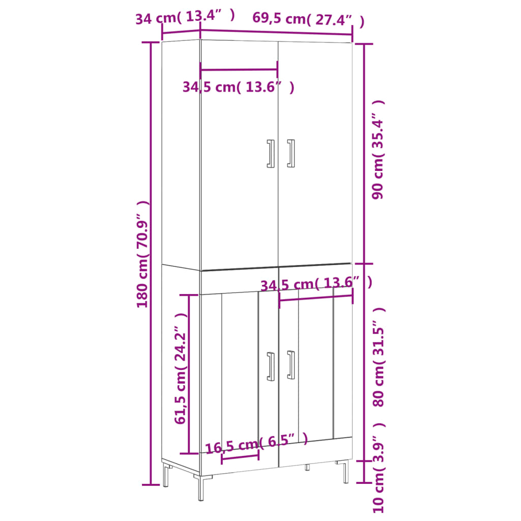 Highboard Betongrau 69,5x34x180 cm Holzwerkstoff