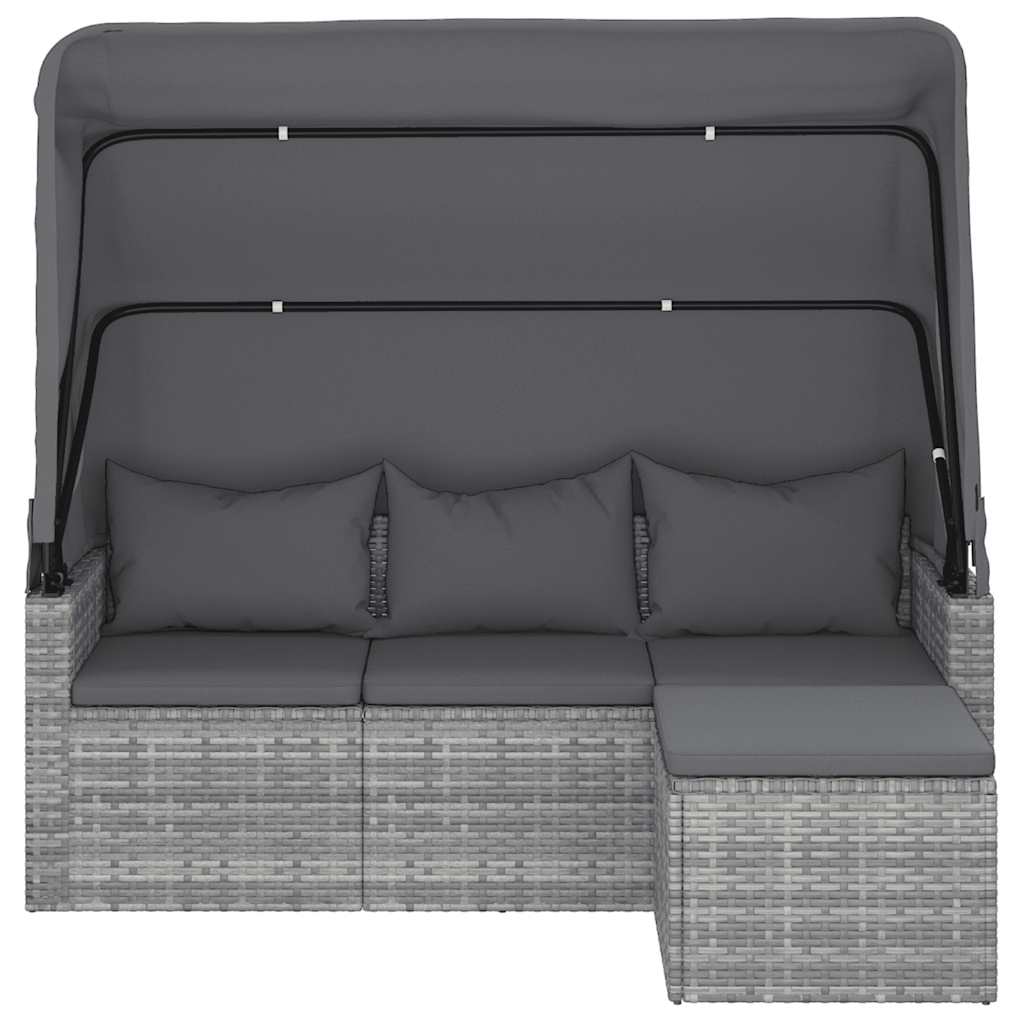 3-Sitzer-Gartensofa mit Dach und Fußhocker Schwarz Poly Rattan