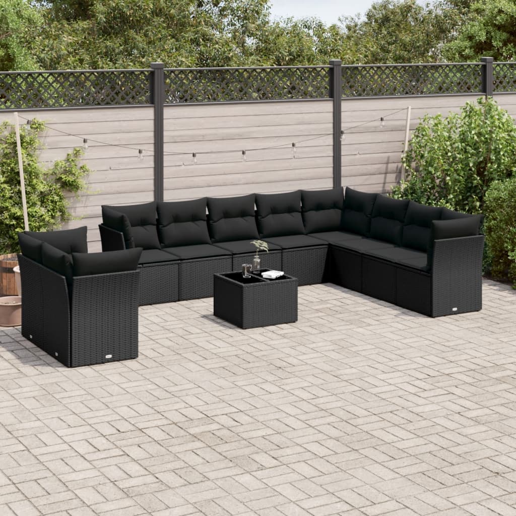 10-tlg. Garten-Sofagarnitur mit Kissen Schwarz Poly Rattan