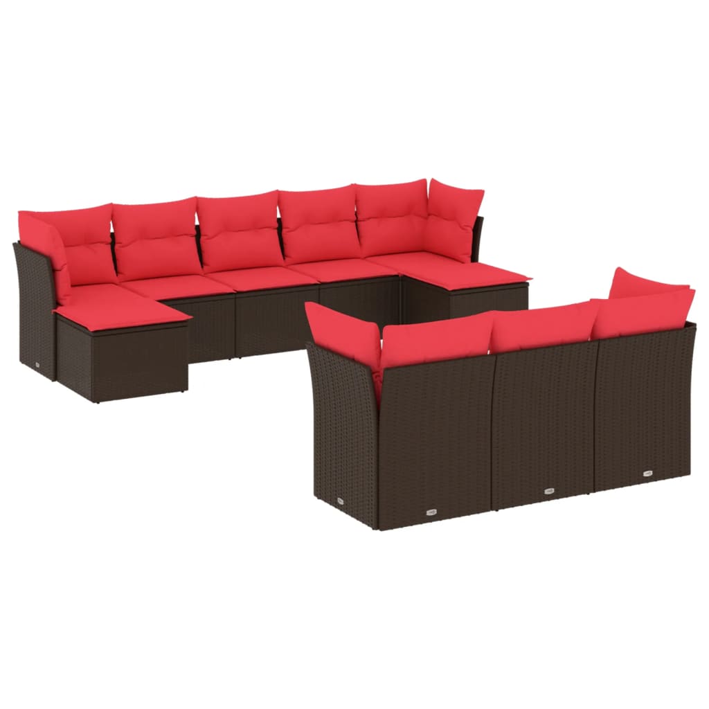 10-teiliges Gartensofa-Set mit Kissen, schwarzes Polyrattan