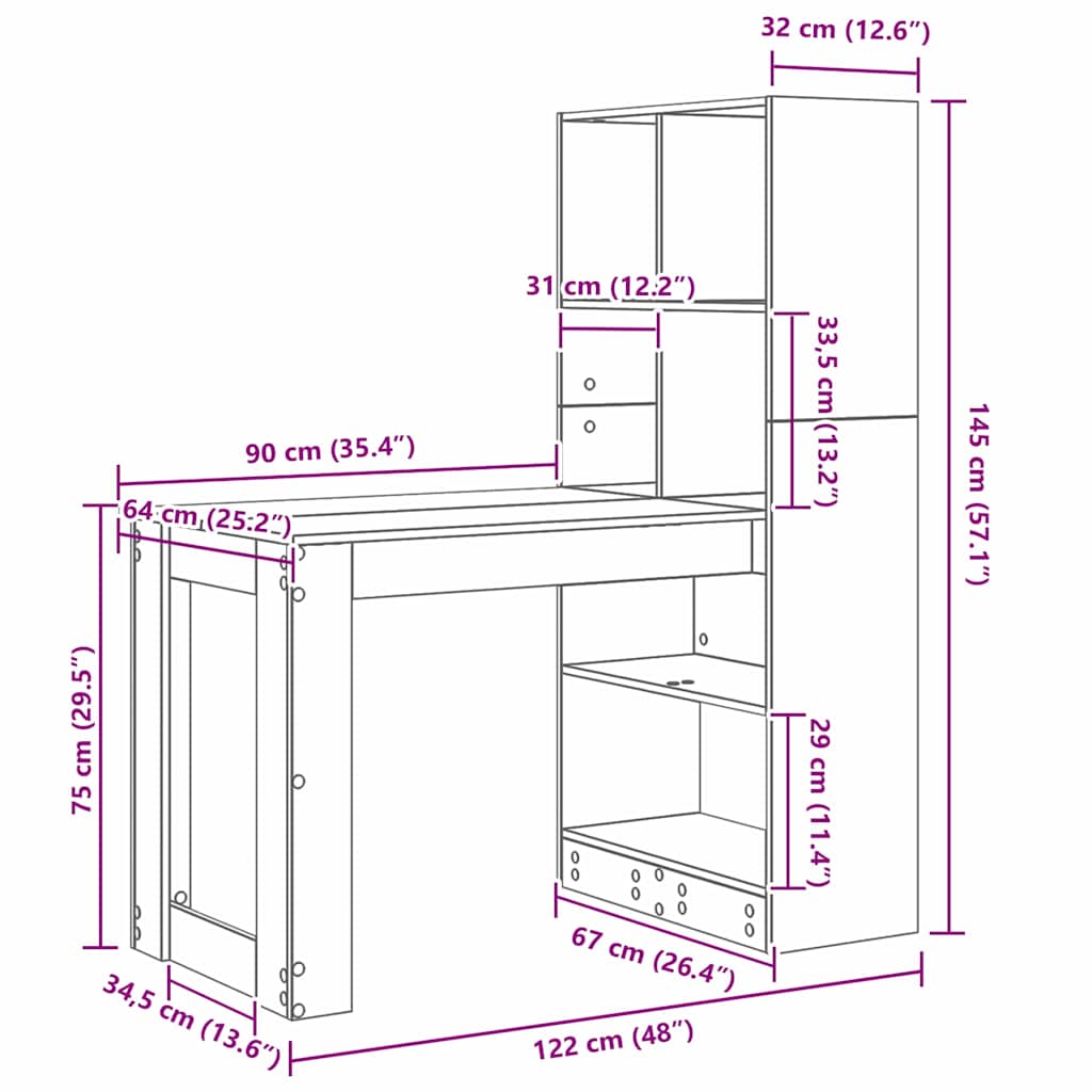 Schreibtisch mit Regal Schwarz Eichen-Optik 122 x 67 x 145 cm