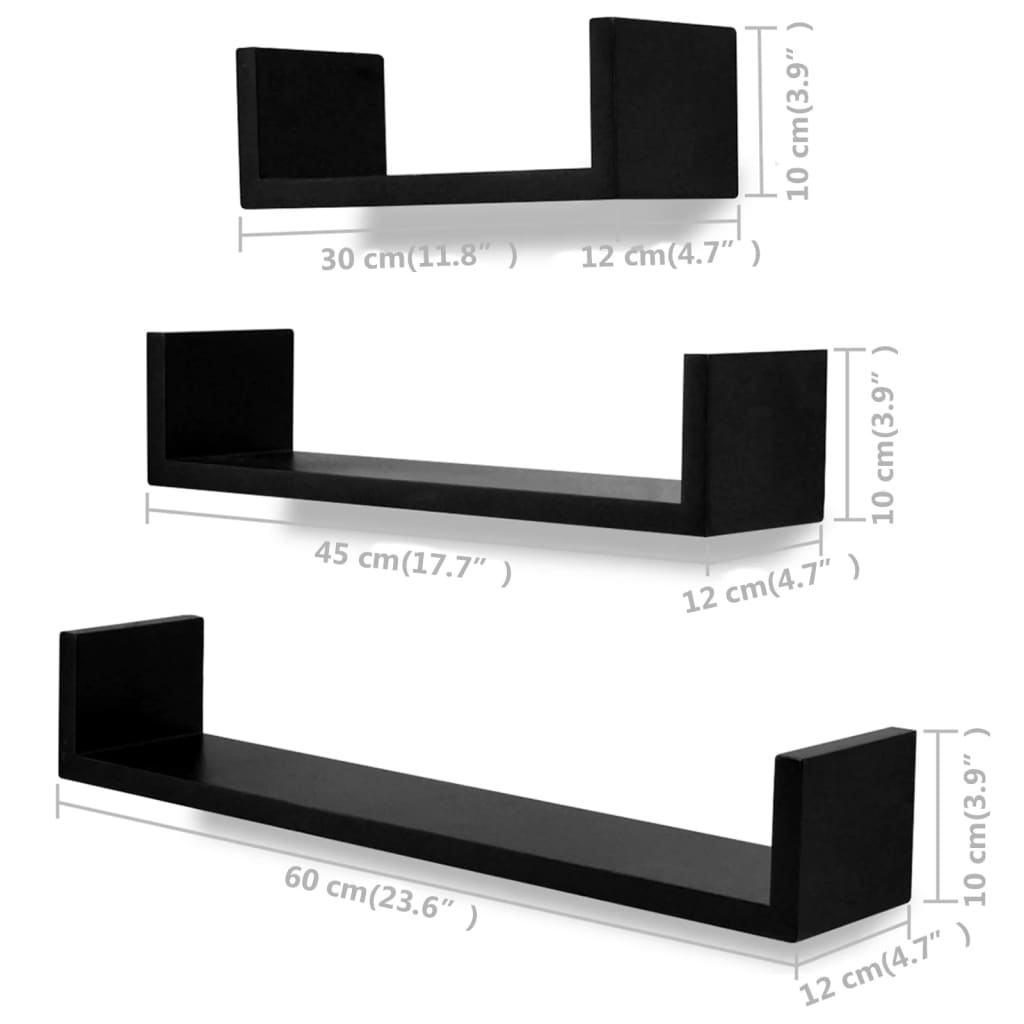 3-tlg. Wandregal-Set U-Form für Bücher DVD MDF Schwarz