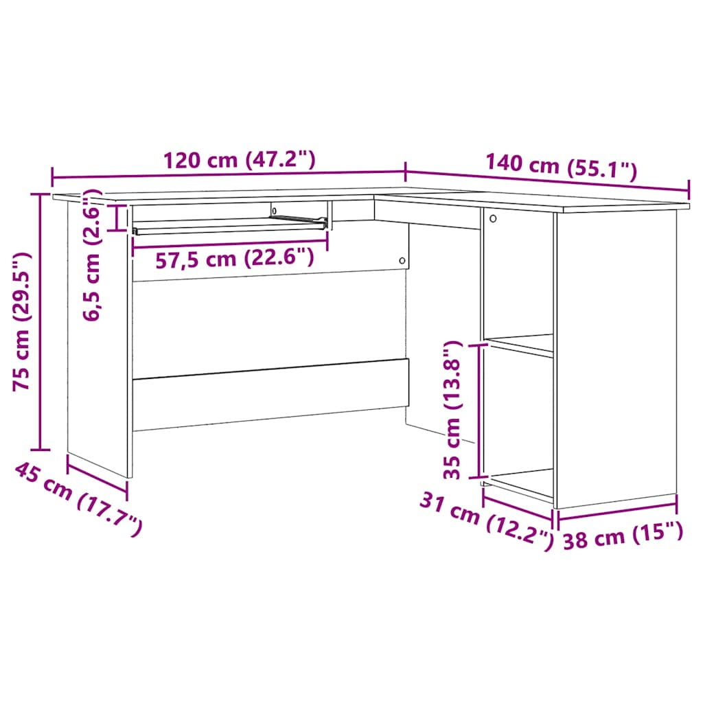 Eckschreibtisch in L-Form Weiß 120x140x75 cm Holzwerkstoff