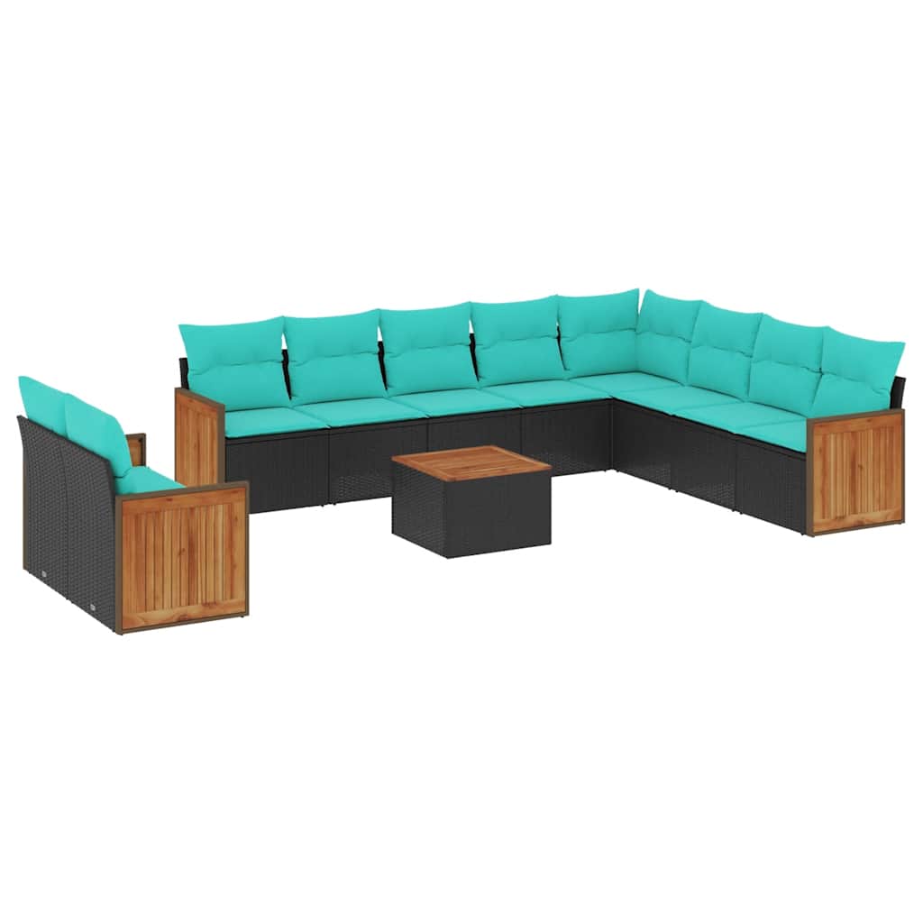 10-teiliges Gartensofa-Set mit Kissen, schwarzes Polyrattan