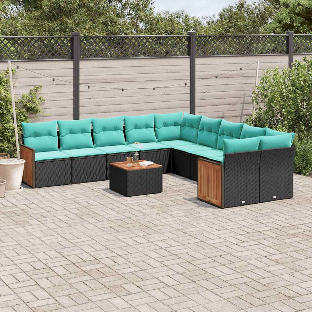 10-teiliges Gartensofa-Set mit Kissen, schwarzes Polyrattan