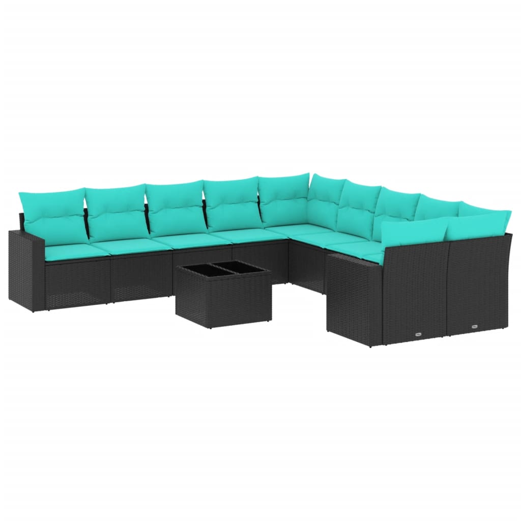 10-tlg. Garten-Sofagarnitur mit Kissen Schwarz Poly Rattan