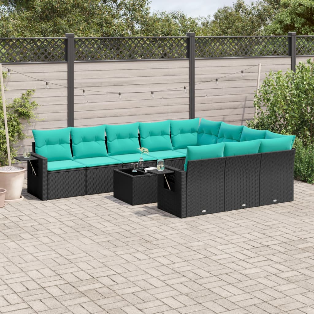 10-teiliges Gartensofa-Set mit Kissen, schwarzes Polyrattan