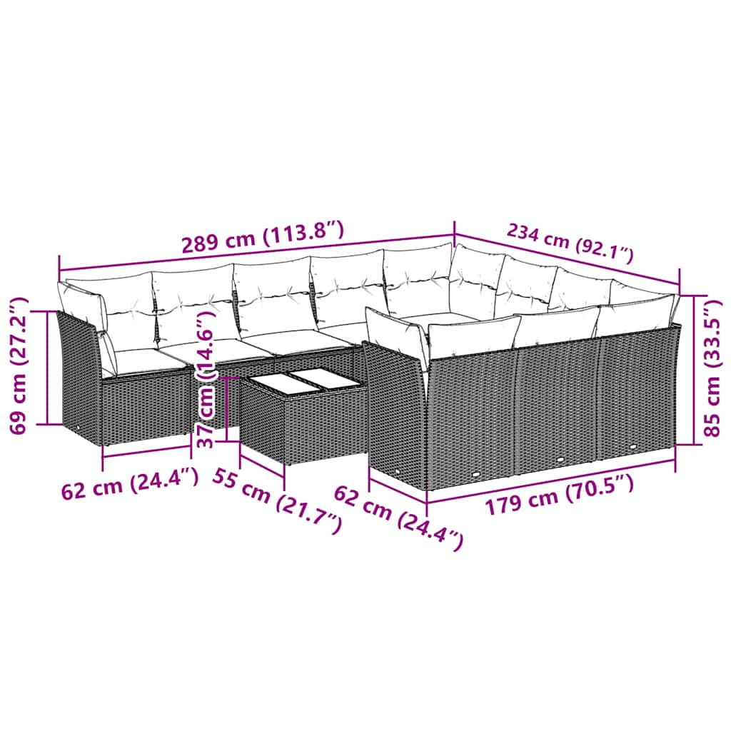 10-tlg. Garten-Sofagarnitur mit Kissen Schwarz Poly Rattan