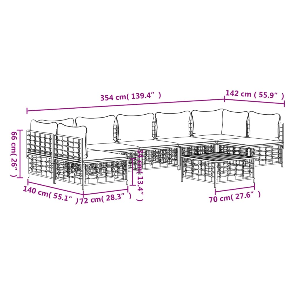 7-tlg. Garten-Lounge-Set mit Kissen Anthrazit Poly Rattan