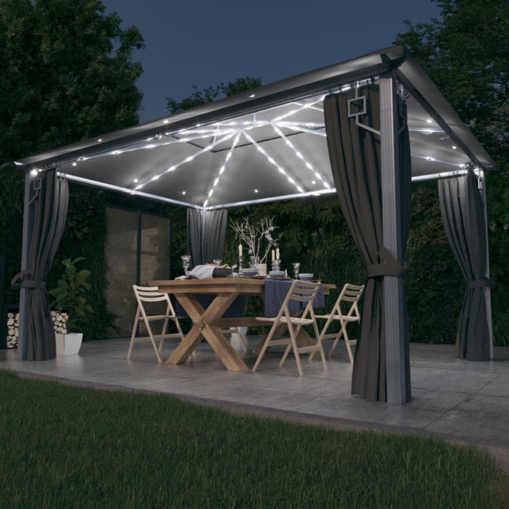 Pavillon mit Vorhängen & LED-Lichterkette 300x300 cm Creme Alu