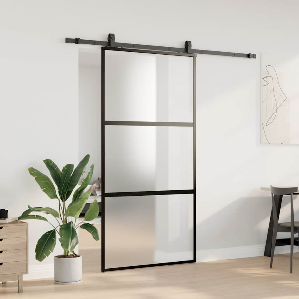 Schiebetür mit Beschlag Schwarz 76x205 cm Hartglas