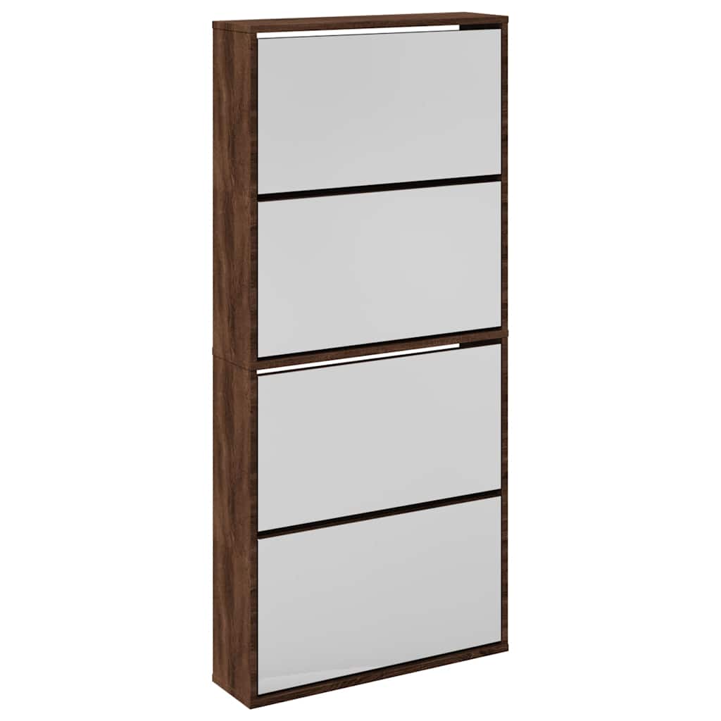 Schuhschrank mit 4 Fächern Spiegel Eiche 63×17×134 cm