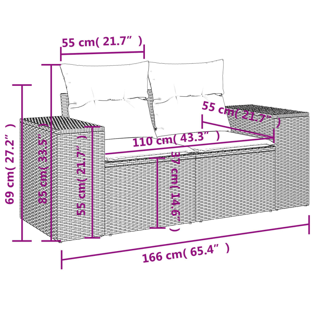 3-teiliges Gartensofa-Set mit Kissen, schwarzes Polyrattan