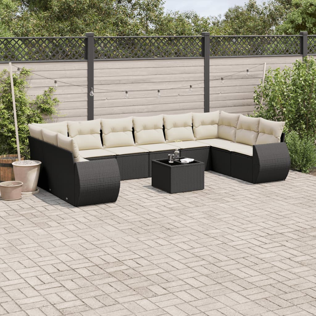 10-tlg. Garten-Sofagarnitur mit Kissen Schwarz Poly Rattan