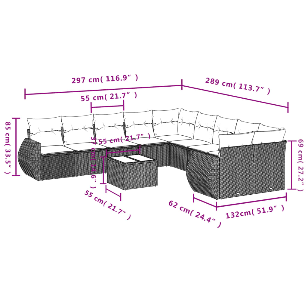 10-tlg. Garten-Sofagarnitur mit Kissen Schwarz Poly Rattan