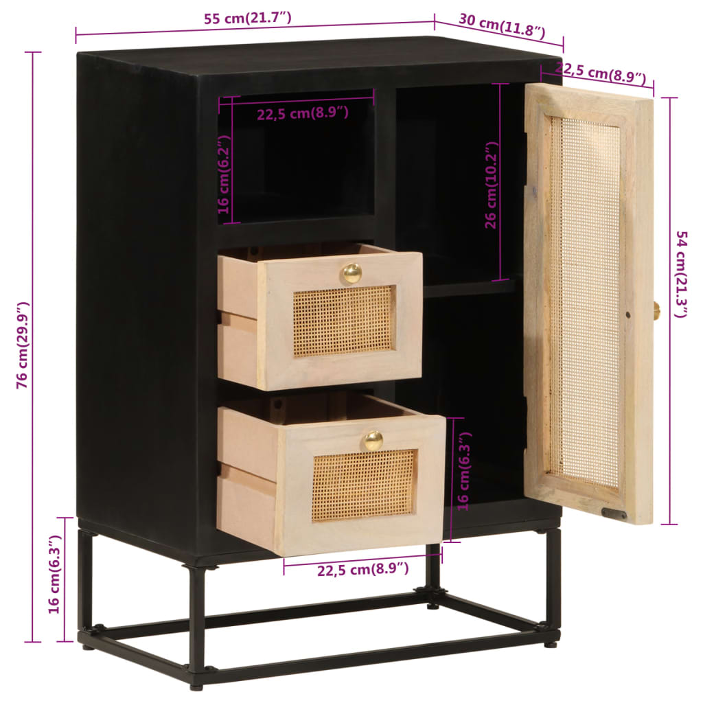 Nachttisch Schwarz 40x30x50 cm Massivholz Mango und Eisen