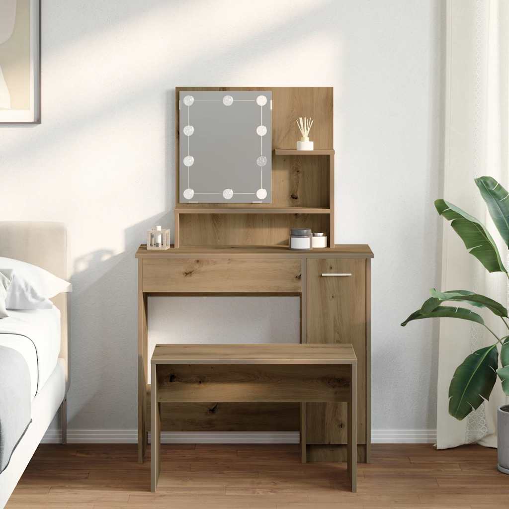 Schminktisch-Set mit LED Weiß Holzwerkstoff