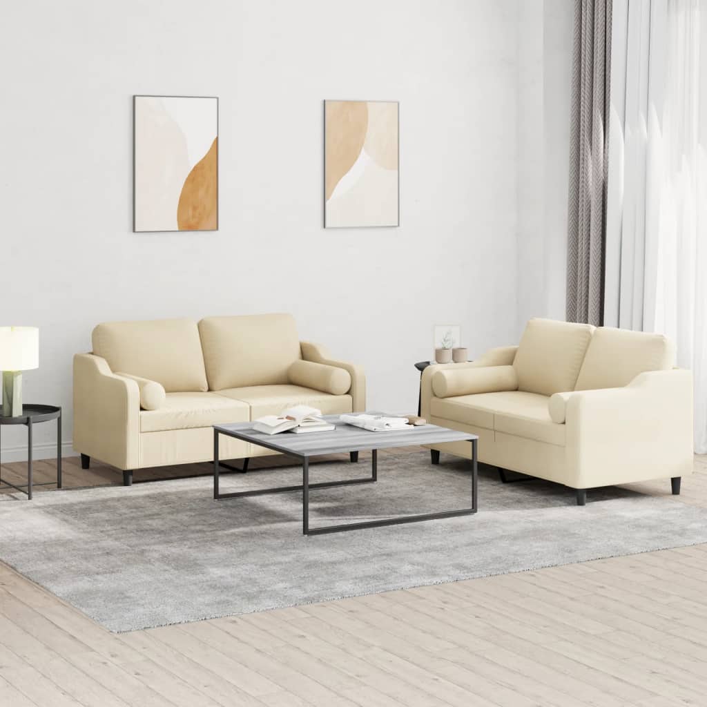 3-tlg. Sofagarnitur mit Kissen Creme Stoff