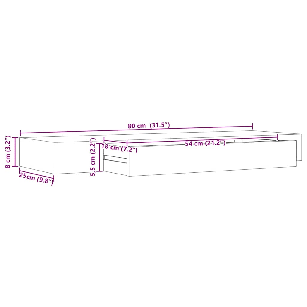 Schweberegal mit Schublade Schwarz 48x25x8 cm