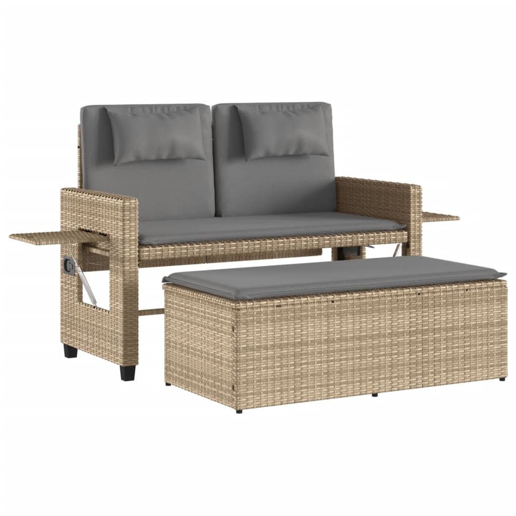 Gartenbank Verstellbar mit Kissen Schwarz Poly Rattan