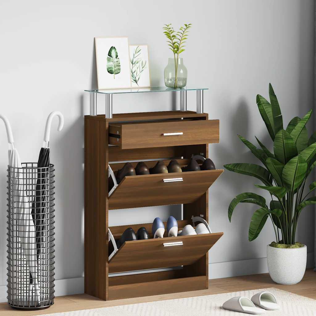 Schuhschrank mit Schubfach und oberem Glasregal Holz Weiß