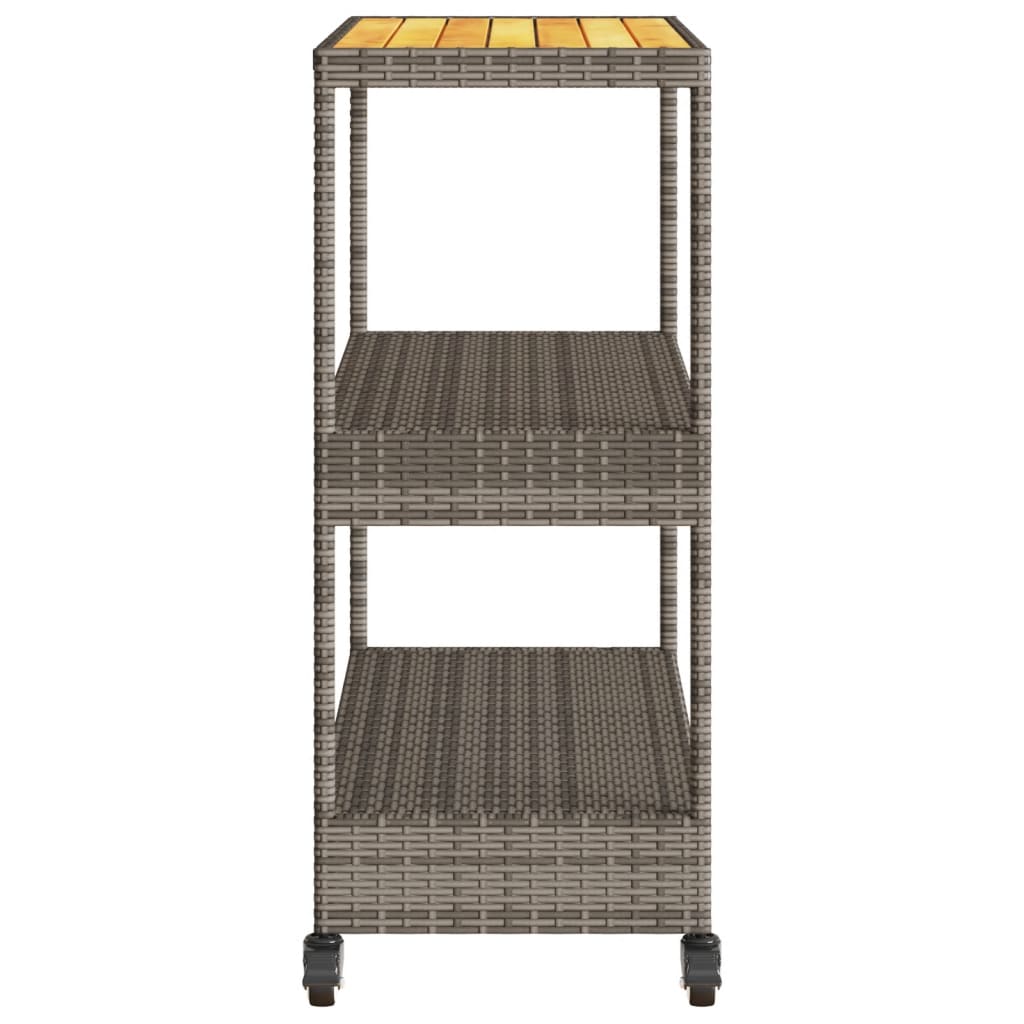 Barwagen 3 Böden Schwarz Poly Rattan und Massivholz Akazie