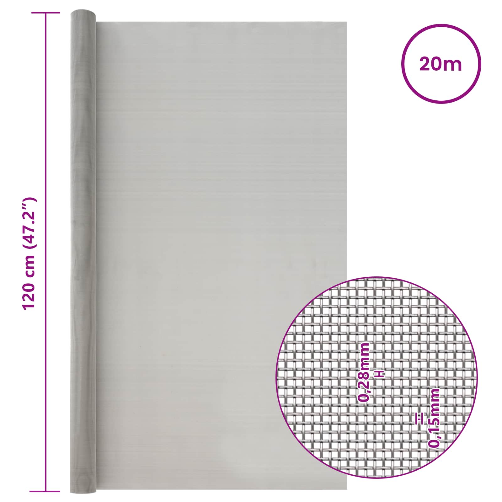 Mesh Bildschirm 20 x 500 cm 20 Mesh Edelstahl 201 Silber