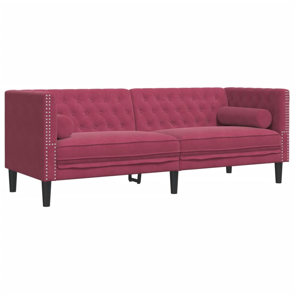 3-tlg. Chesterfield-Sofa-Set mit Nackenrollen Hellgrau Samt