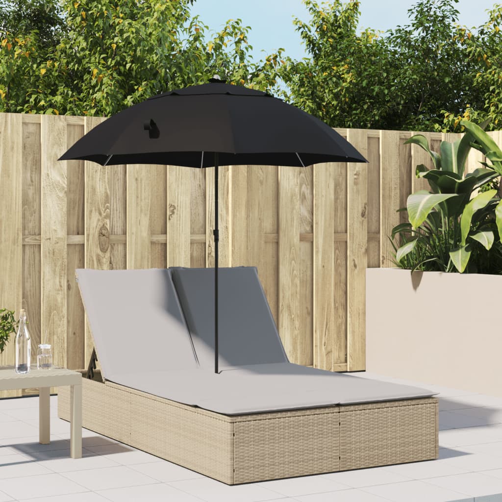 Doppel-Sonnenliege mit Kissen&Sonnenschirm Schwarz Poly Rattan