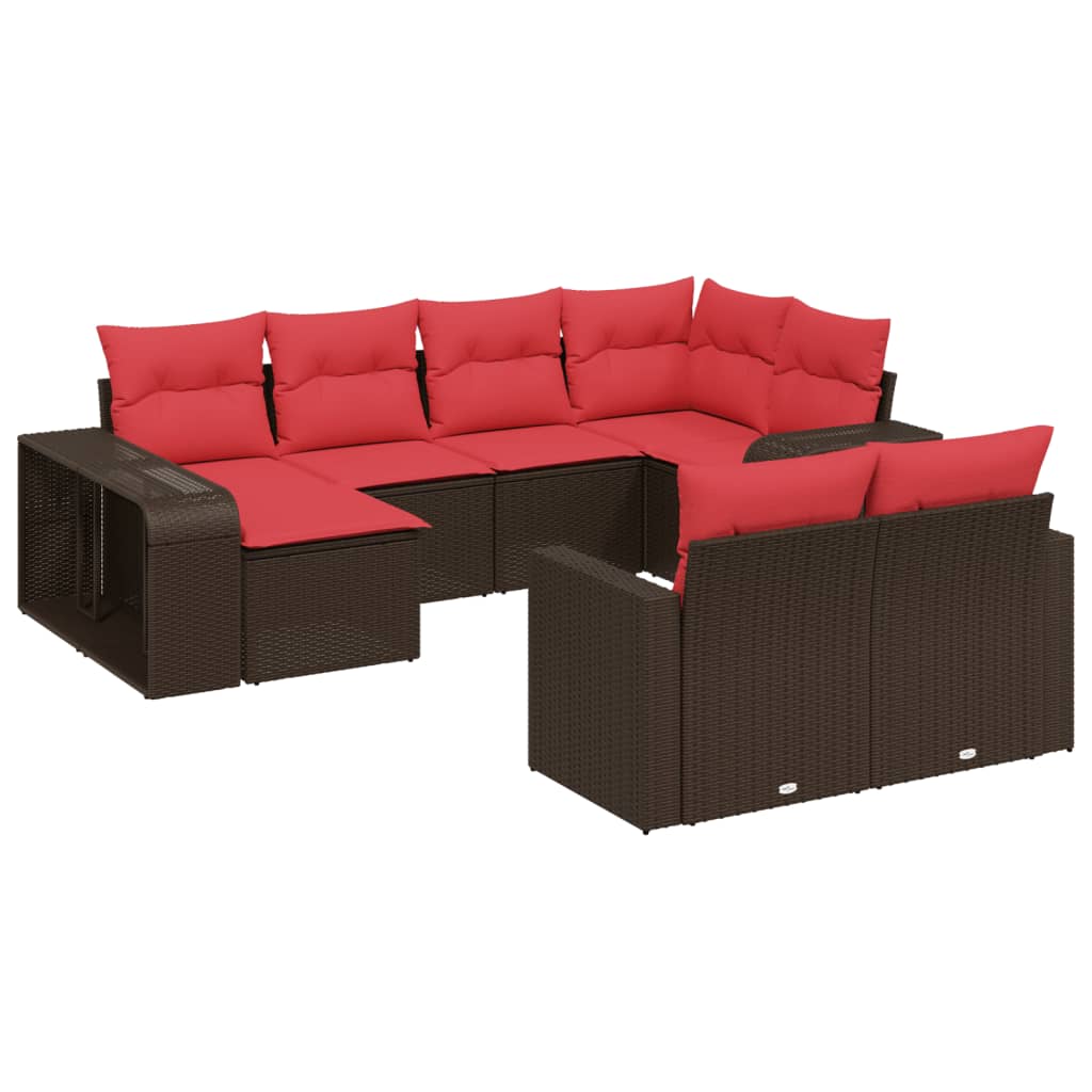10-teiliges Gartensofa-Set mit Kissen, schwarzes Polyrattan