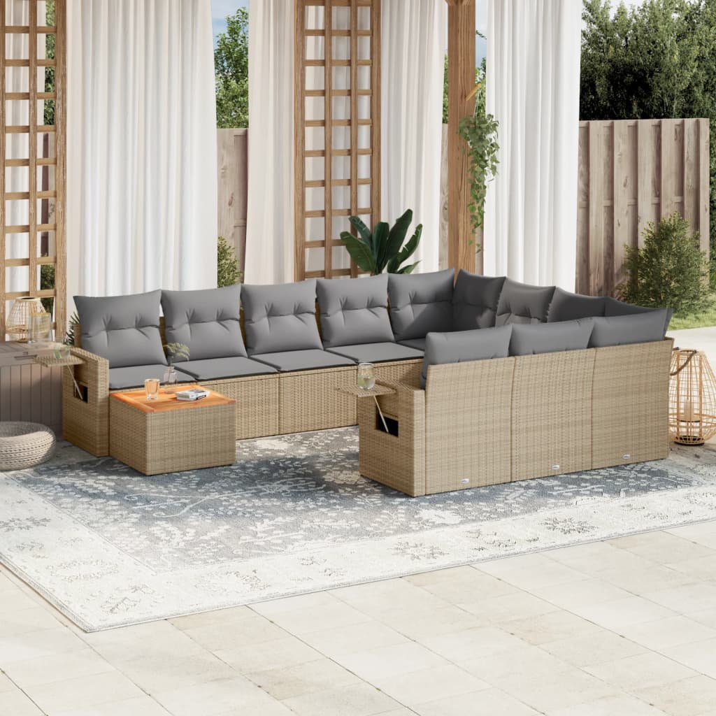 11-tlg. Garten-Sofagarnitur mit Kissen Schwarz Poly Rattan