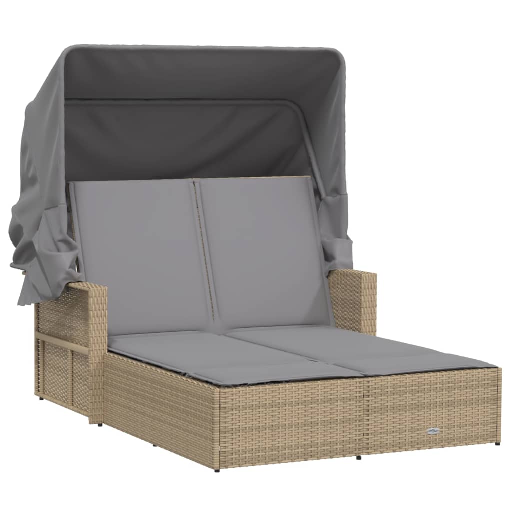 Doppel-Sonnenliege mit Dach und Auflagen Schwarz Poly Rattan