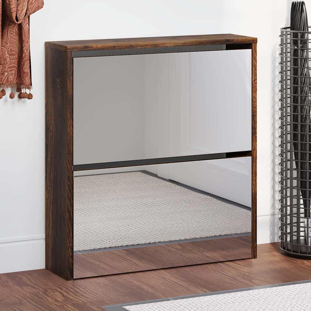 Schuhschrank mit 2 Fächern Spiegel Eiche-Optik 63x17x67 cm