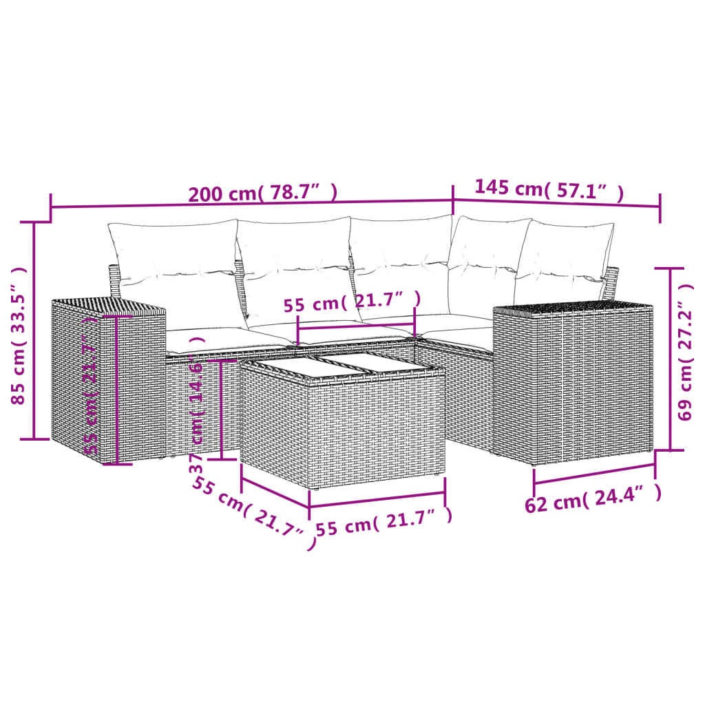 4-teiliges Gartensofa-Set mit Kissen, schwarzes Polyrattan