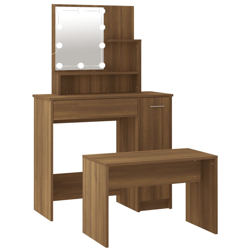 Schminktisch-Set mit LED Weiß Holzwerkstoff