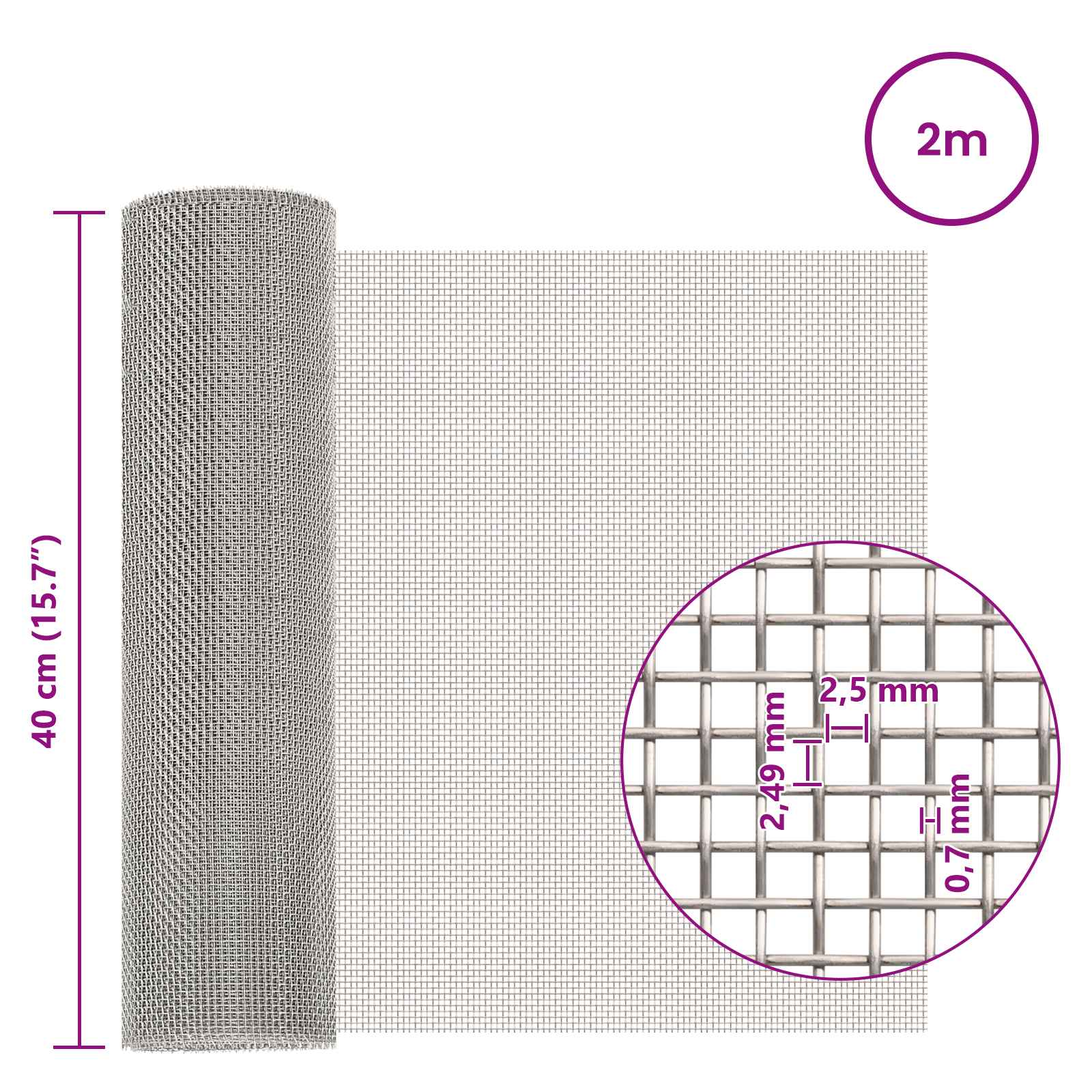 Mesh Bildschirm 20 x 500 cm 20 Mesh Edelstahl 201 Silber