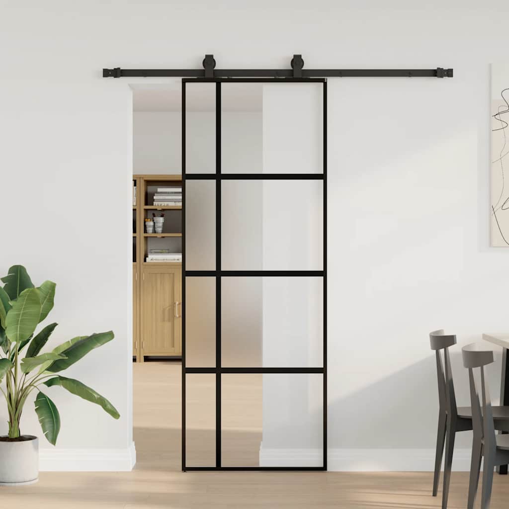 Schiebetür mit Beschlag Schwarz 76x205 cm Hartglas