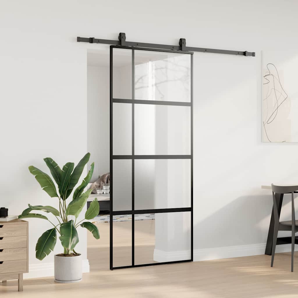 Schiebetür mit Beschlag Schwarz 76x205 cm Hartglas