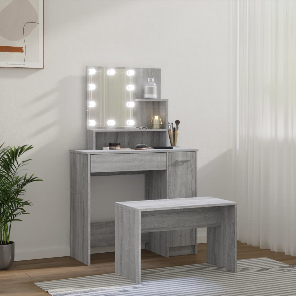 Schminktisch-Set mit LED Weiß Holzwerkstoff